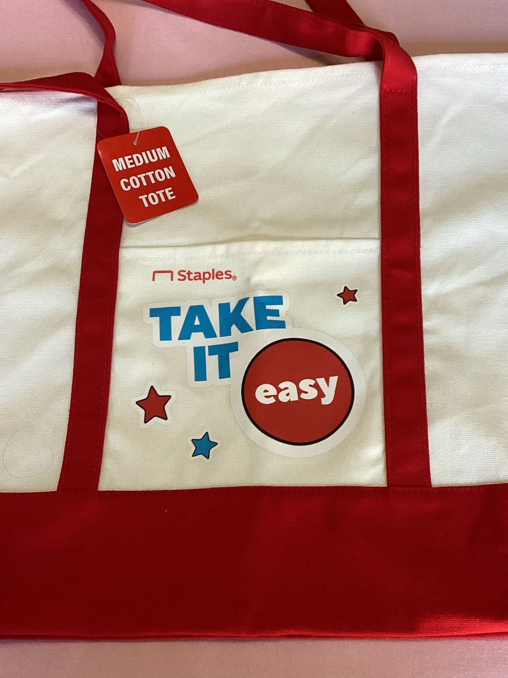 Staples White Cotton Tote with Red Trim and 'Take It Easy' Graphic